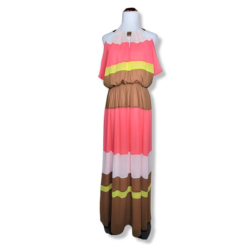 Vince Camuto Chiffon Colorblock Stripe Maxi Dress Brown Pink Citron Size 8